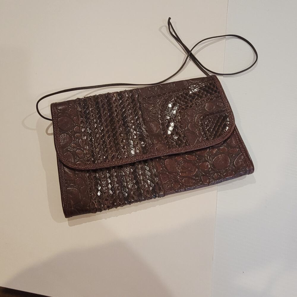 Carlos Falchi Brown BoHo Snake Croc Reptile Pattern Leather Clutch Purse